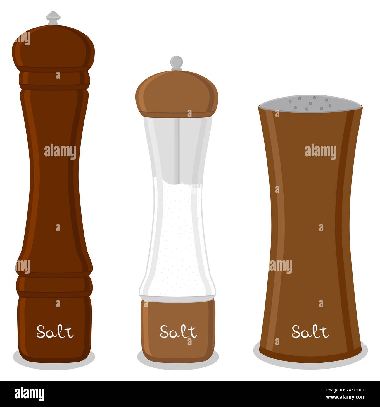 Illustration sur le thème gros définir différents types de verre rempli de sel, shaker divers taille. Le sel est constituée de verrerie collection shaker pour o Illustration de Vecteur