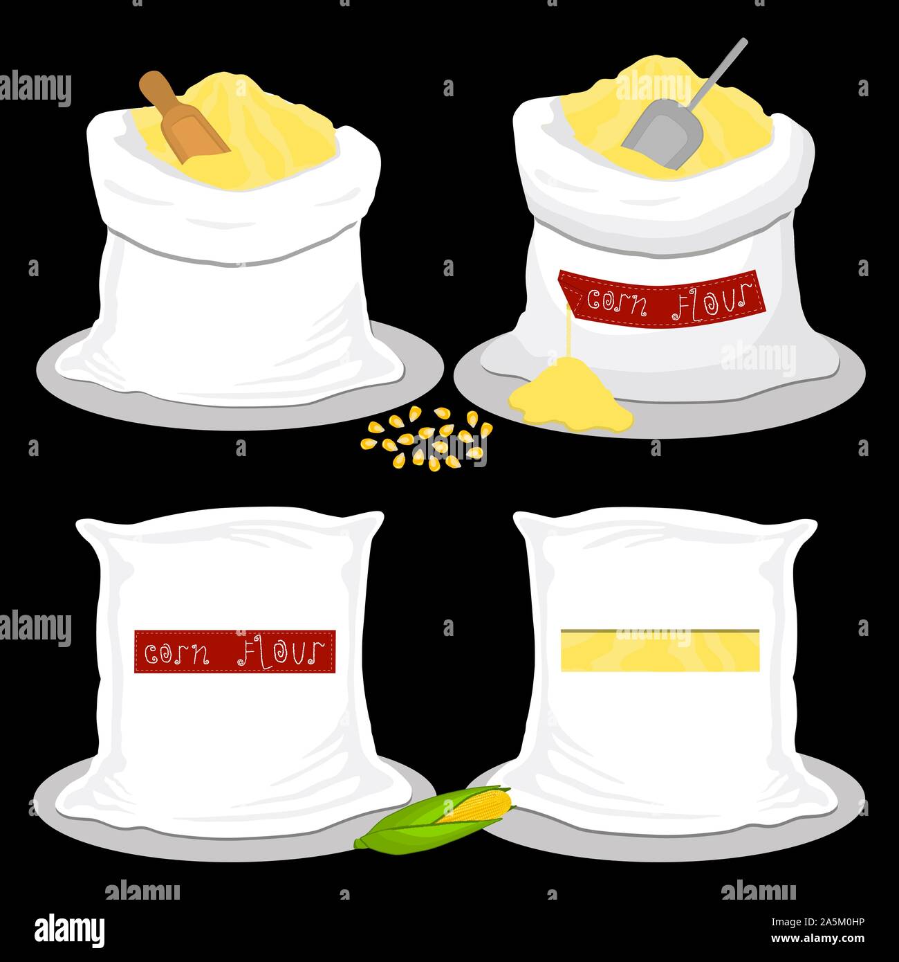 Illustration sur le thème gros définir différents types de sacs remplis de la matière première la farine de maïs. La farine de maïs est constituée de sacs de collecte pour les cooki Illustration de Vecteur