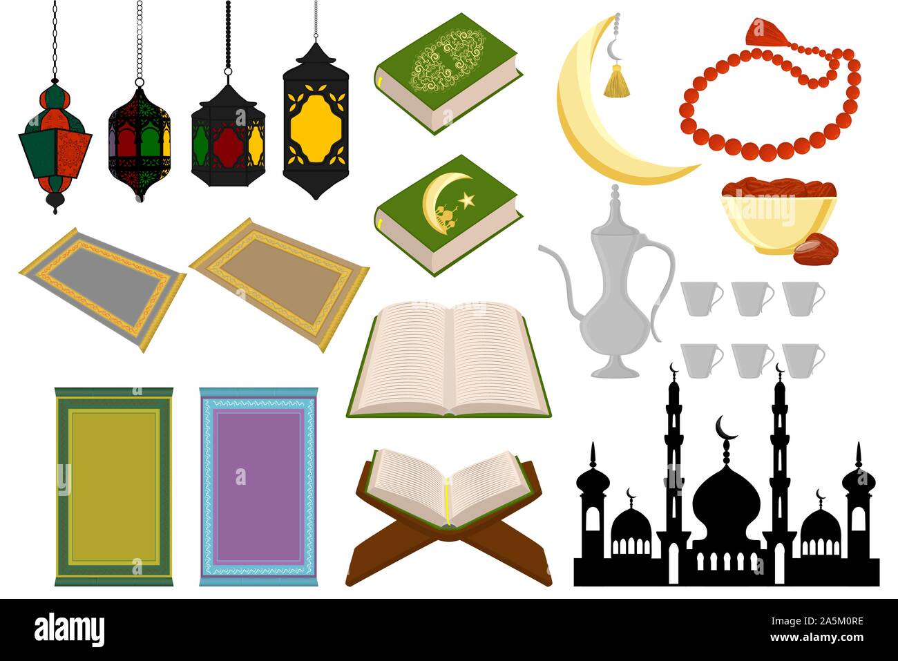 Illustration sur le thème grand ensemble de couleur différents types d'objection à fête vacances Ramadan kareem. Est constituée de collection religieuse Ramadan Illustration de Vecteur