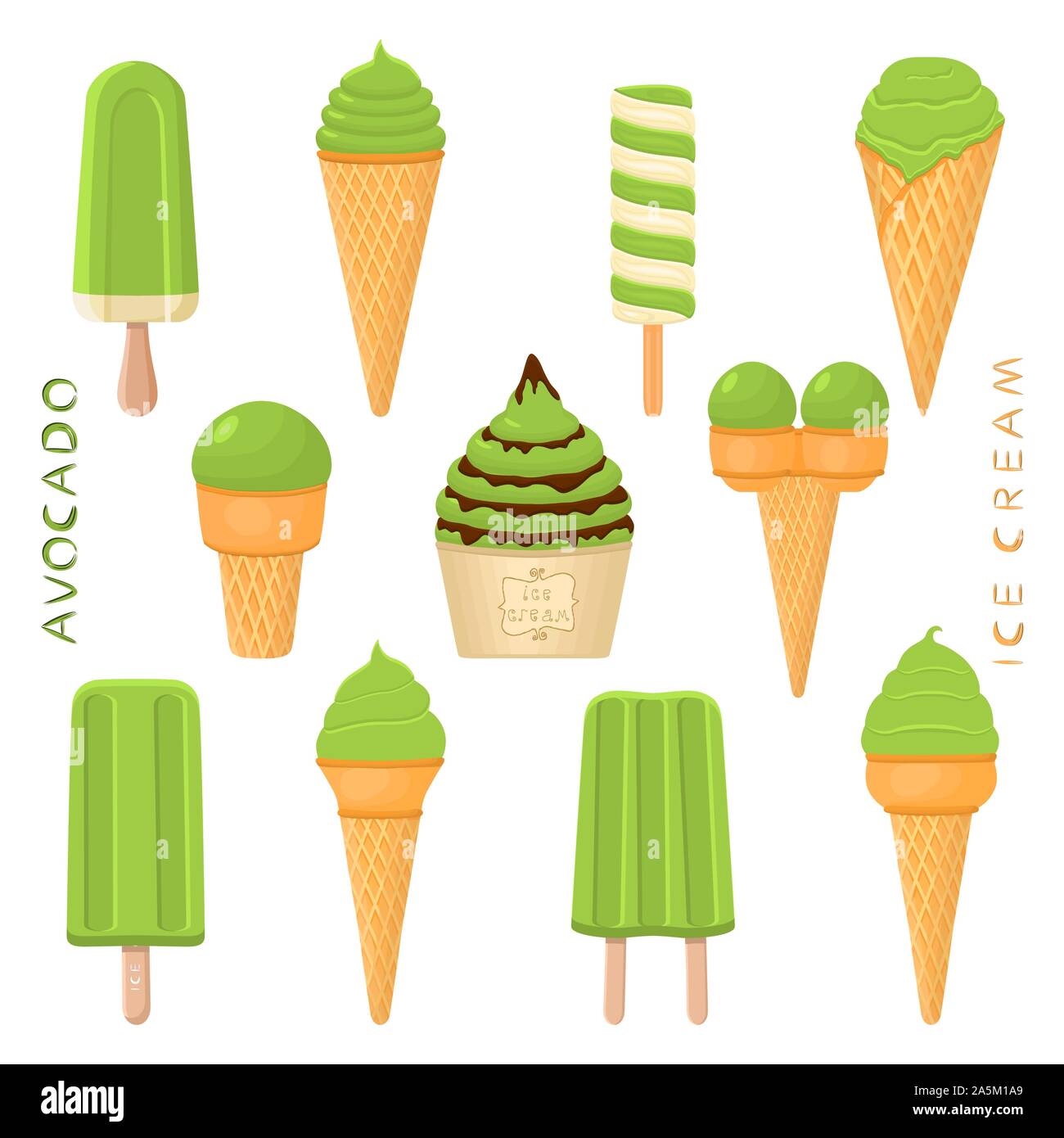 Illustration vecteur naturel pour la crème glacée d'avocat sur stick, en boules, cônes papier gaufre. La crème glacée composée de sweet lolly glaces froid, ensemble de savoureux Illustration de Vecteur