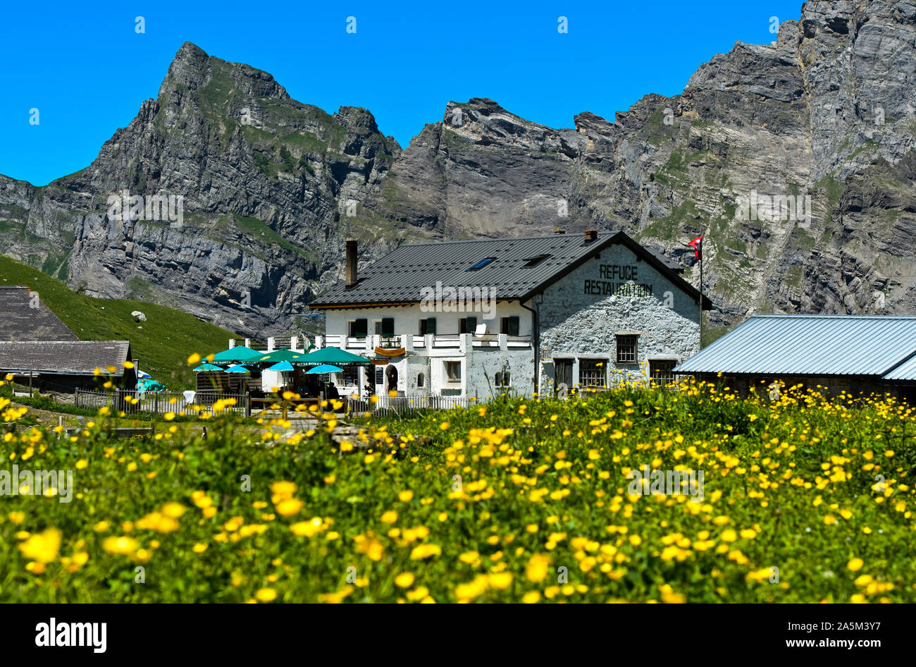 Auberge de montagne Refuge de la Tour d'Anzeindaz Anzeindaz Alp, au pied du massif des Diablerets, Bex, Vaud, Suisse Banque D'Images