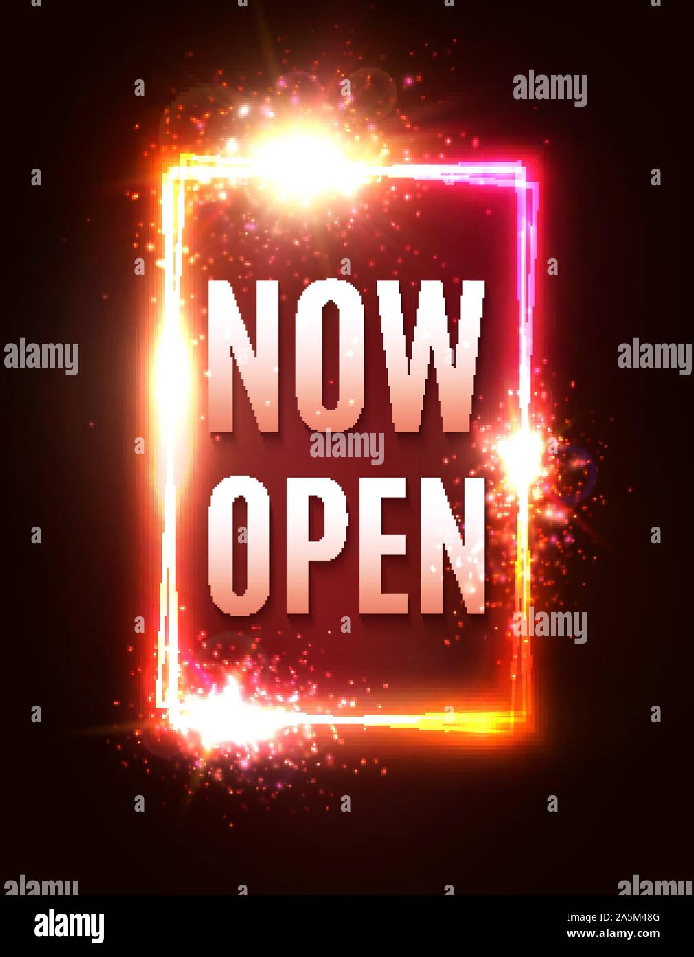 Maintenant ouvert des lettres de néon. Les feux des bougies cadre rectangle Illustration de Vecteur