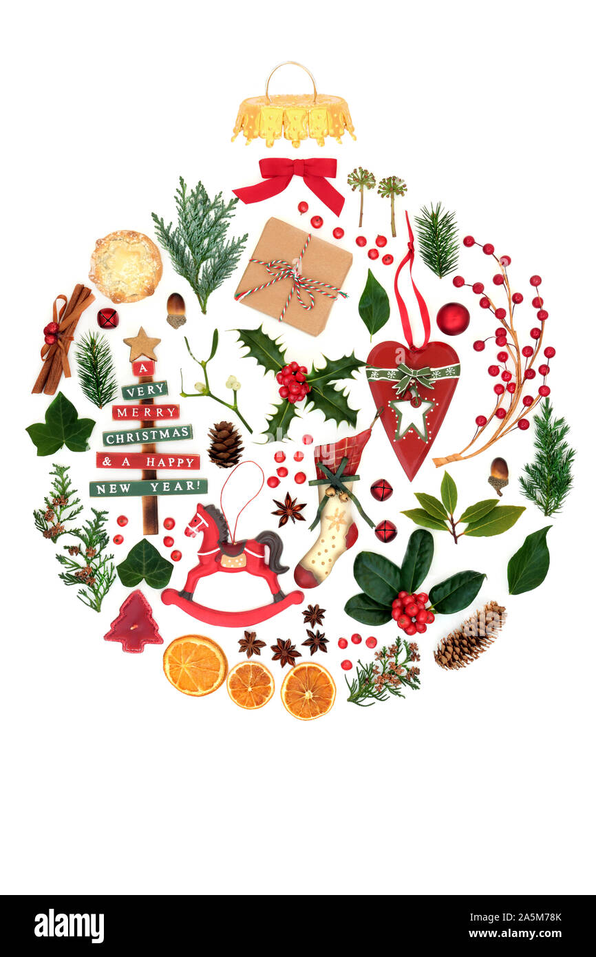 Les symboles de Noël rétro avec des décorations de l'arbre, de l'alimentation et la flore formant une boule ronde abstraite. Symbole traditionnel pour les fêtes. Banque D'Images