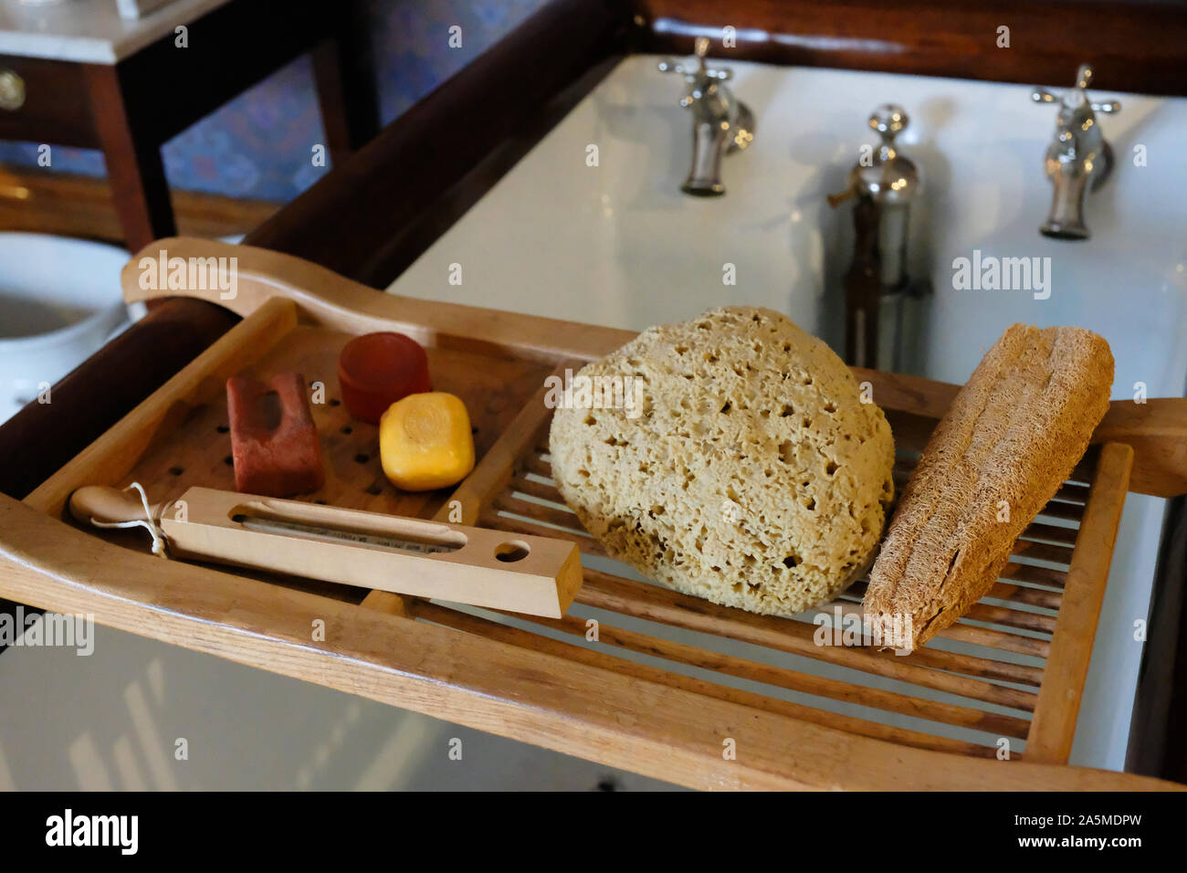 Un 19e siècle baignoire bac contenant du savon, thermomètre en bois, éponge  naturelle et luffa, UK - John Gollop Photo Stock - Alamy