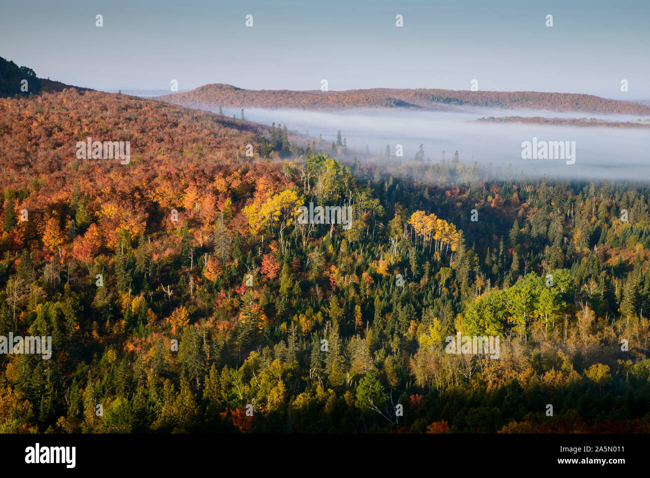 Tofte, Minnesota. La couleur de l'automne de la chambre Superior National Forest. Tôt le matin, le brouillard couvre le paysage. Banque D'Images