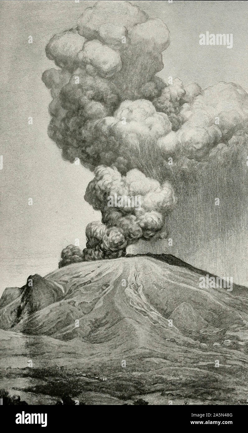Mont Pelee de vive, le 27 mai 1902. Le grand nuage de vapeur et de fumée en forme de chou-fleur rose du sommet cratère à une hauteur de deux à trois milles. La douche de pluie et décroissant cendres s'affiche sur la droite Banque D'Images