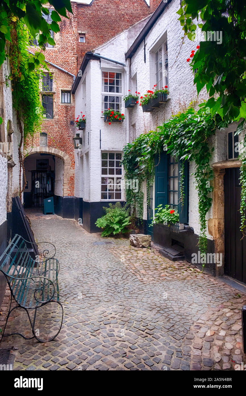 Vue d'une cour intérieure historique avec maisons médiévales, Anvers, Flandre, Belgique Banque D'Images