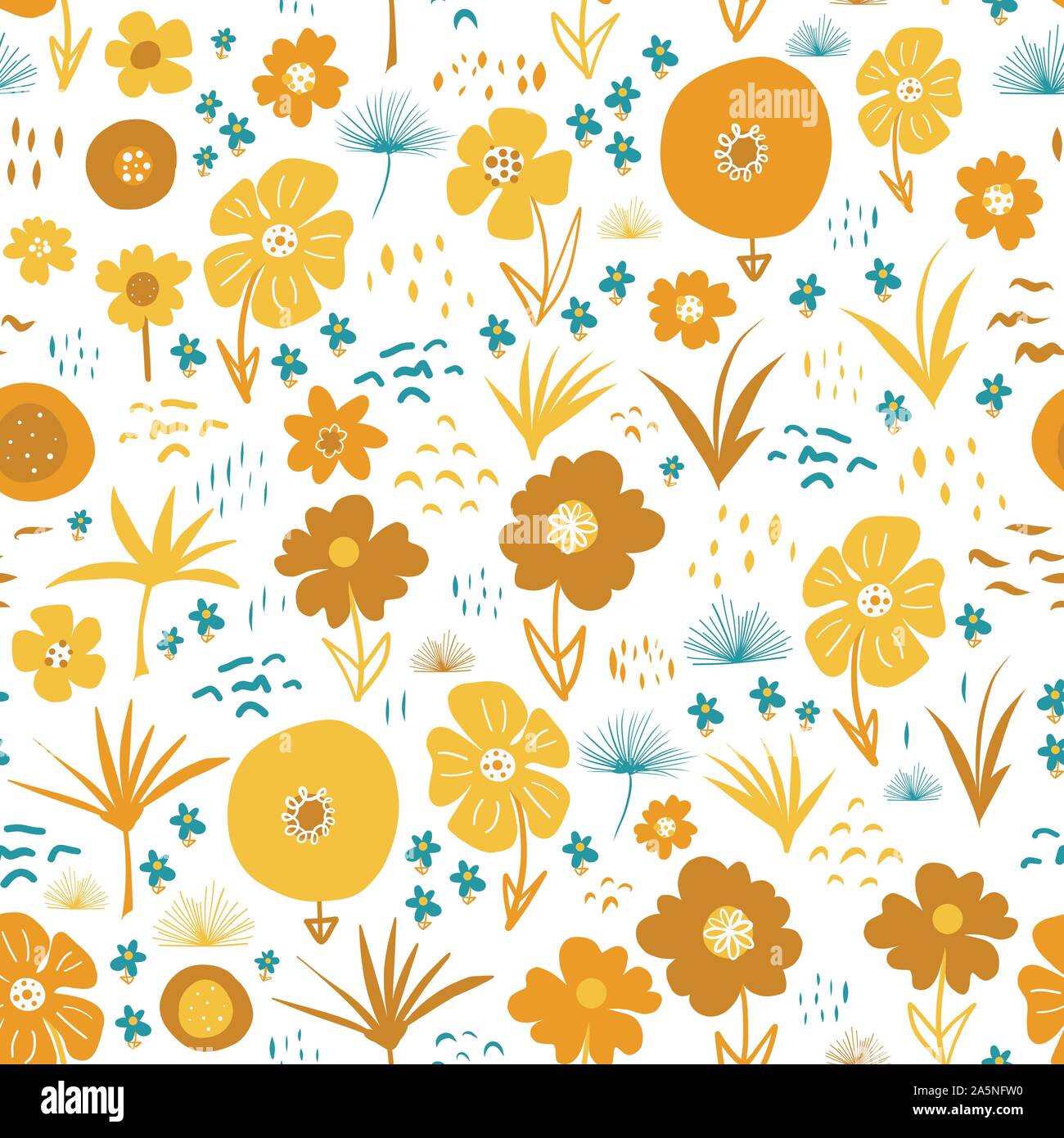 Sarcelle Jaune Orange fleurs automne style scandinave modèle vectoriel continu. Télévision fleurs stylisées et laisse répéter l'arrière-plan. Pour le tissu Illustration de Vecteur