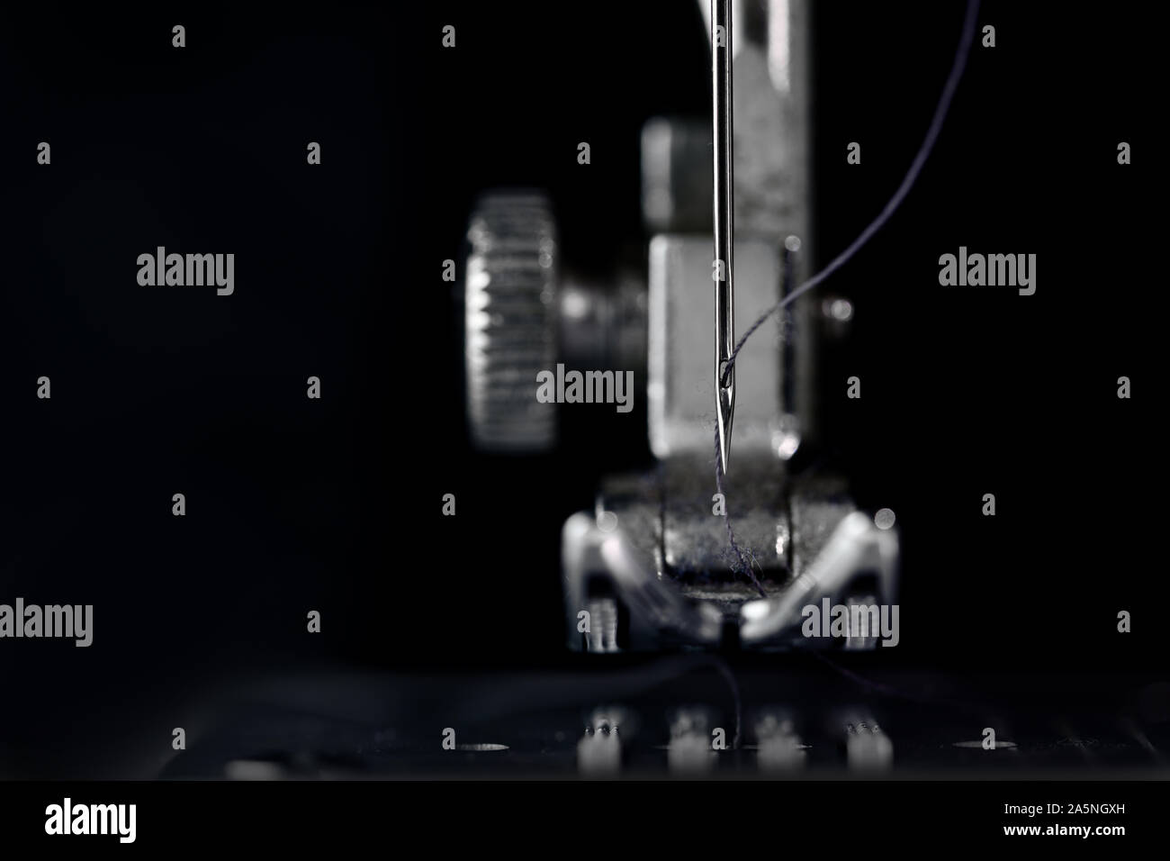 L'aiguille et le pied presseur de la machine à coudre en vue de face comme un plan macro extrême, invention technique pour l'industrie du vêtement, fond sombre avec c Banque D'Images L'aiguille et le pied presseur de la machine à coudre en vue de face comme un plan macro extrême, invention technique pour l'industrie du vêtement, fond sombre avec c Banque D'Images