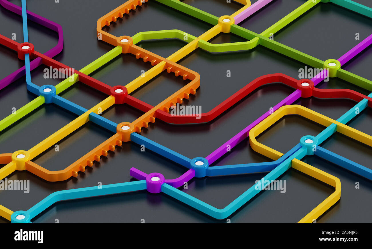 Plan de métro composé de lignes de passage de couleur. 3D illustration. Banque D'Images