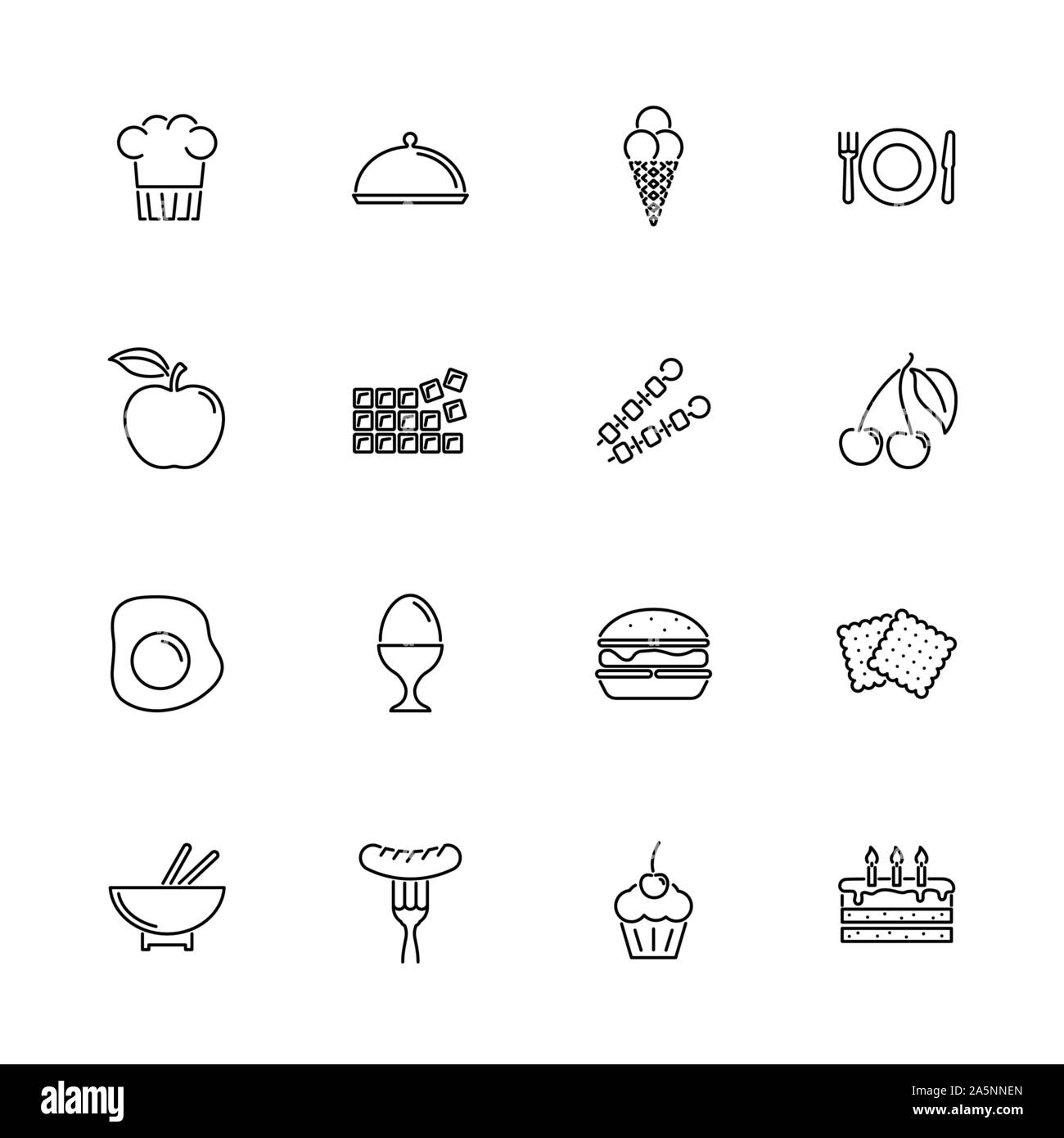 La nourriture, manger contours icons set - symbole noir sur fond blanc. La nourriture, manger Simple Illustration Symbole - bordée de simplicité signe. Télévision Vector lin léger Illustration de Vecteur