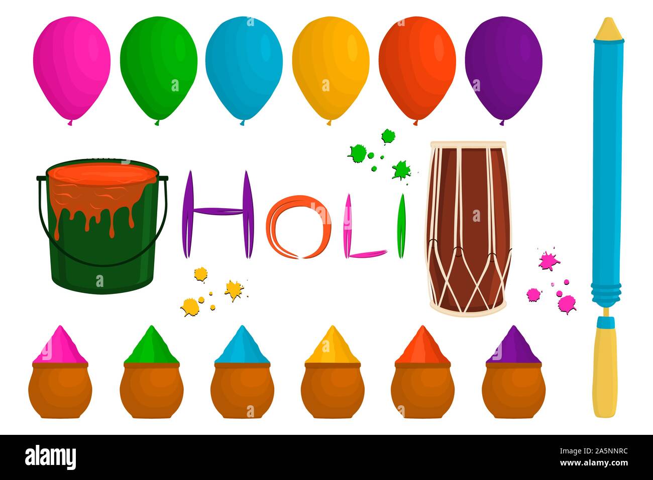 Illustration sur le thème gros définir différents types de ballons colorés, poudre pour Holi. Balloon est constituée de poudre à l'accessoire collection holi fe Illustration de Vecteur