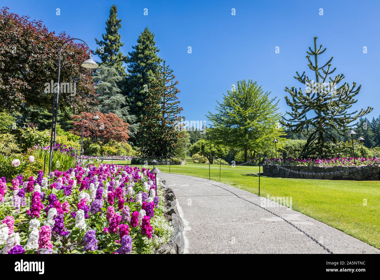 Les jardins Butchart Victoria, île de Vancouver, Canada pour l'été. Vue de la passerelle avec des fleurs et arbres du jardin historique. Banque D'Images