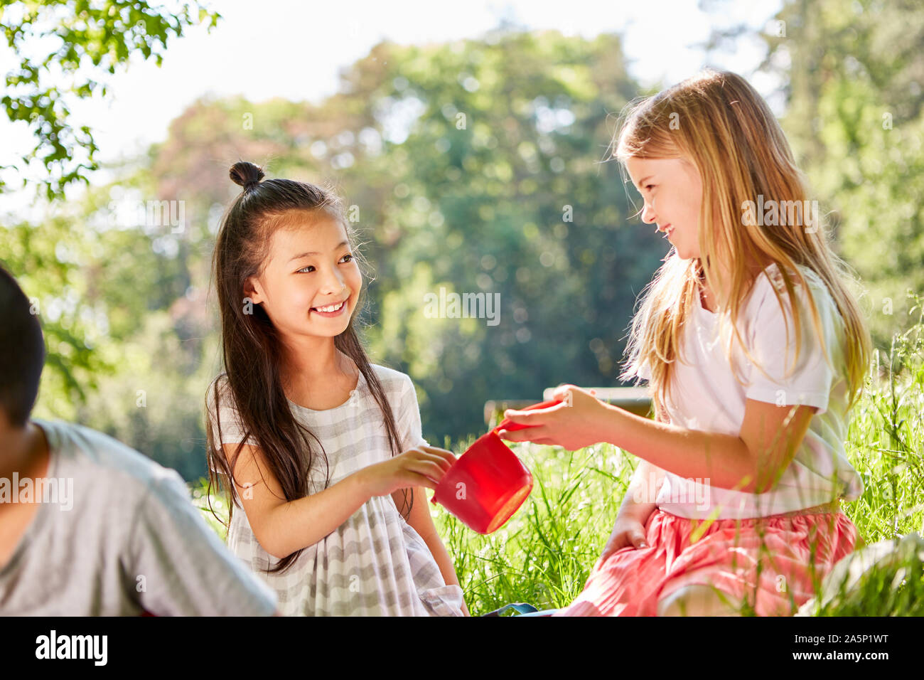 Deux jeunes filles partagent leur nourriture à un pique-nique sur une prairie d'été Banque D'Images