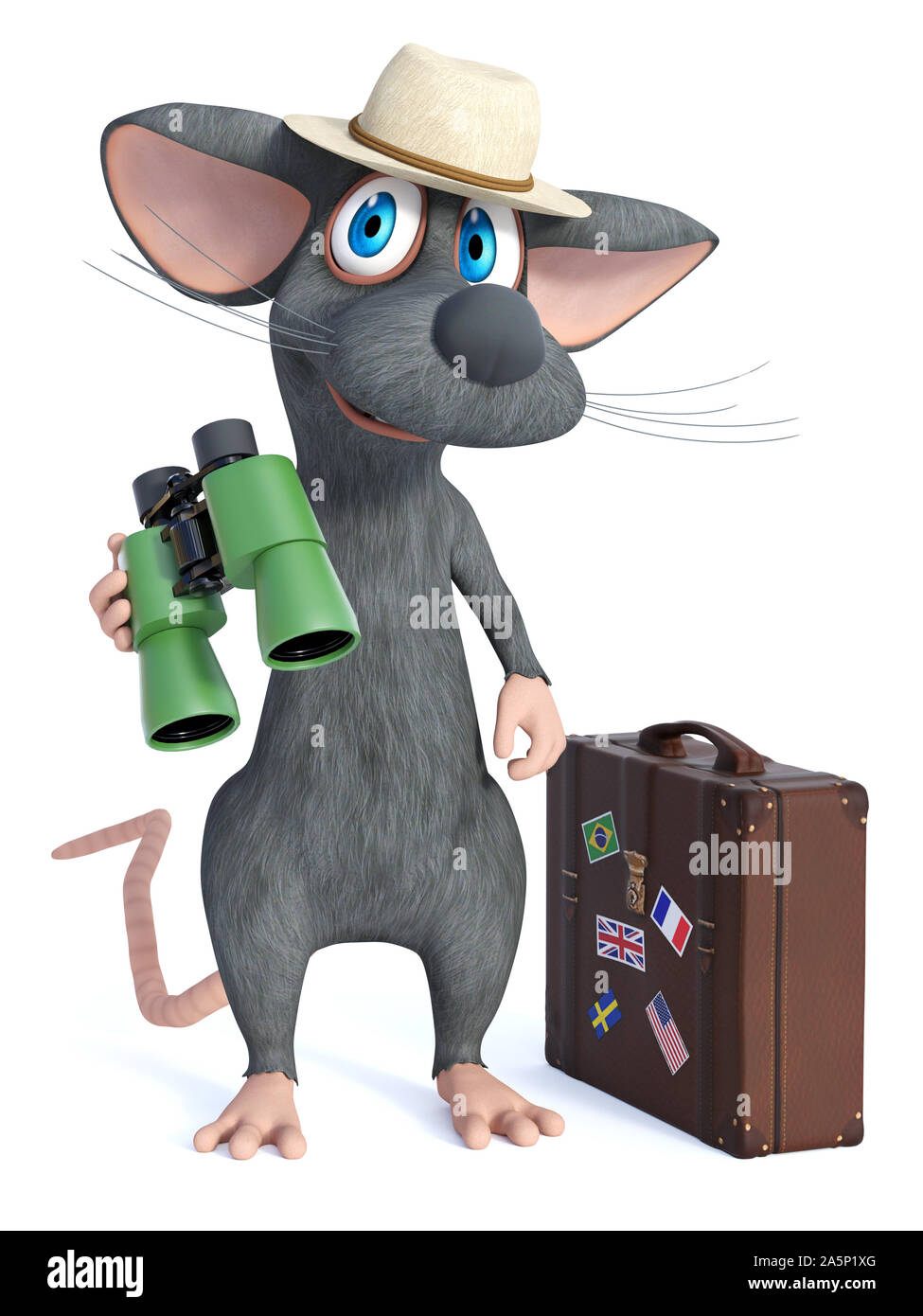 Le rendu 3D d'un sourire mignon cartoon souris portant un chapeau et tenant des jumelles, à l'image d'un touriste avec une valise de voyage à côté de lui. Il me semble Banque D'Images