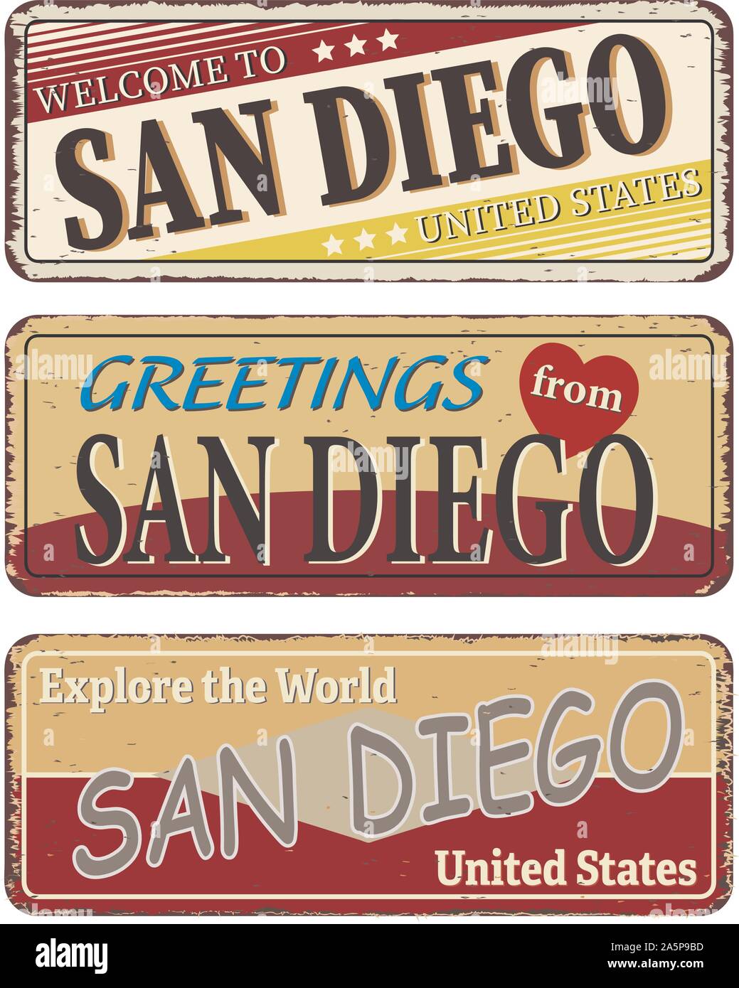 San Diego Vintage tin sign collection avec USA Nom de ville. Signe ou une carte postale souvenir rétro des modèles sur vieux métal arrière-plan. Thème de voyage. Illustration de Vecteur
