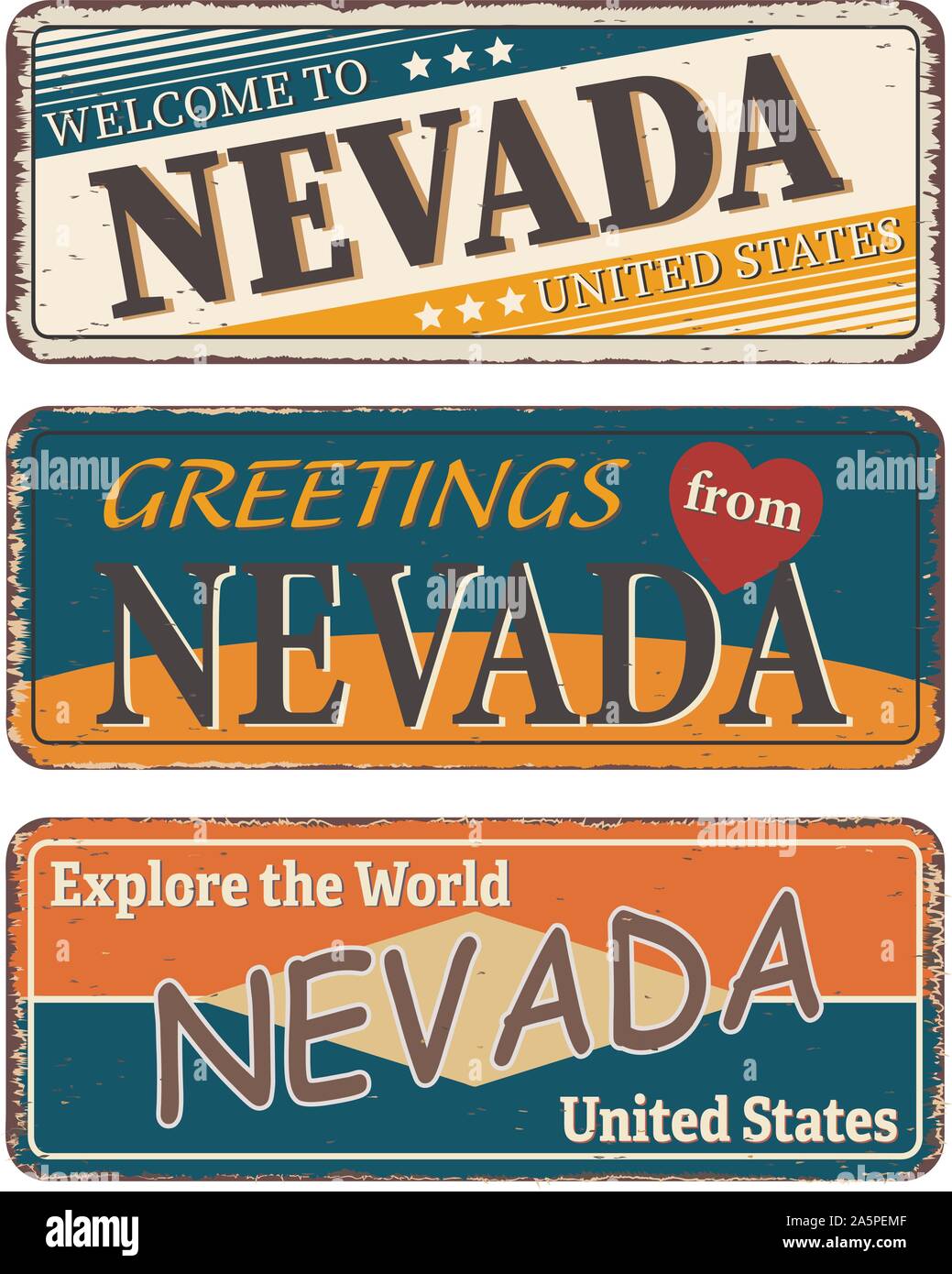 Vintage tin sign collection avec nous. L'État du Nevada. Retro de souvenirs ou de vieux papier carte postale des modèles sur fond rouille Illustration de Vecteur