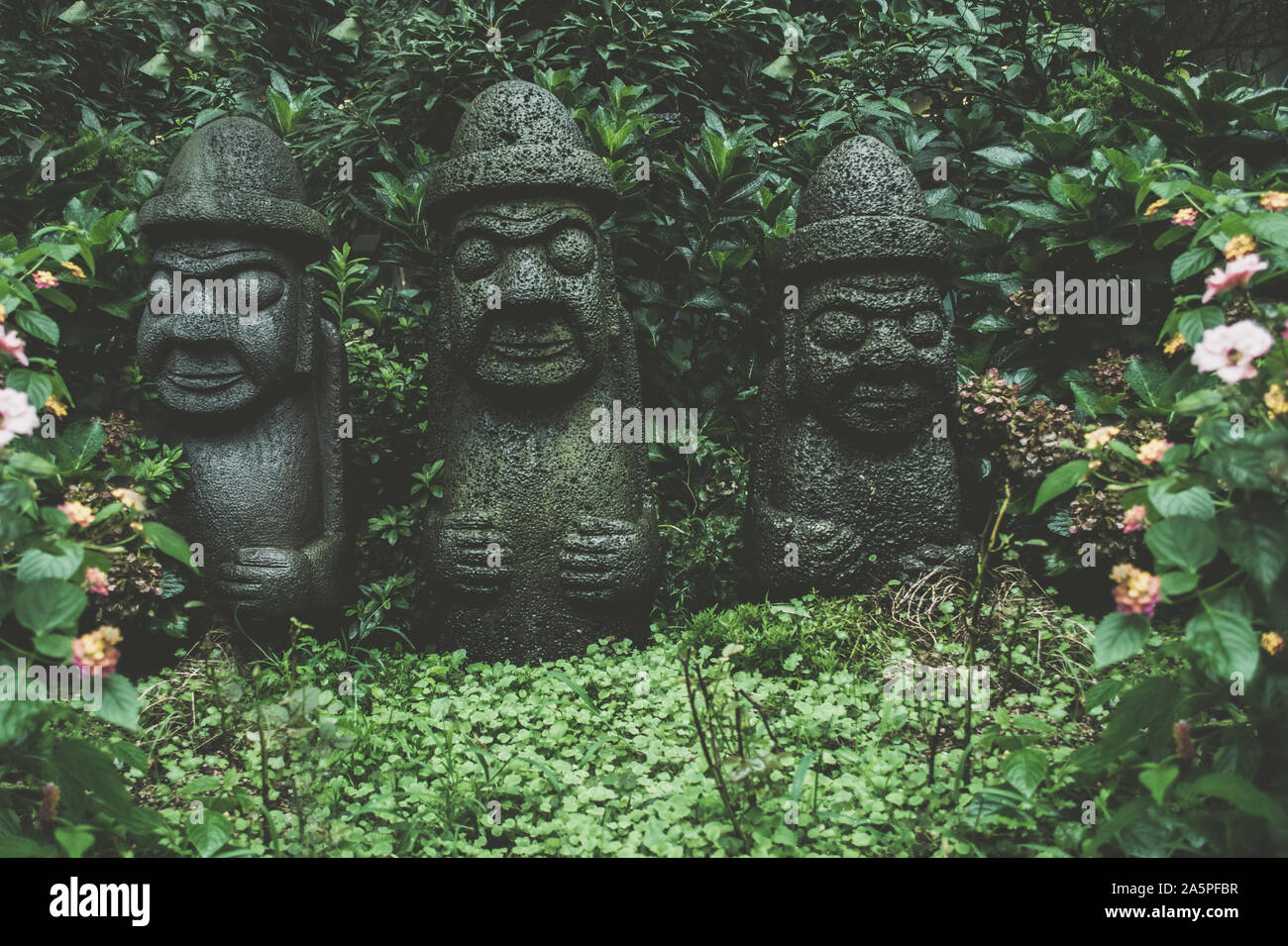 L'île de Jeju, Corée du Sud, le 06 septembre 2019 : trois sculptures de Dol Hareubangs sur jour de pluie avec des plantes vertes et arbustes Banque D'Images