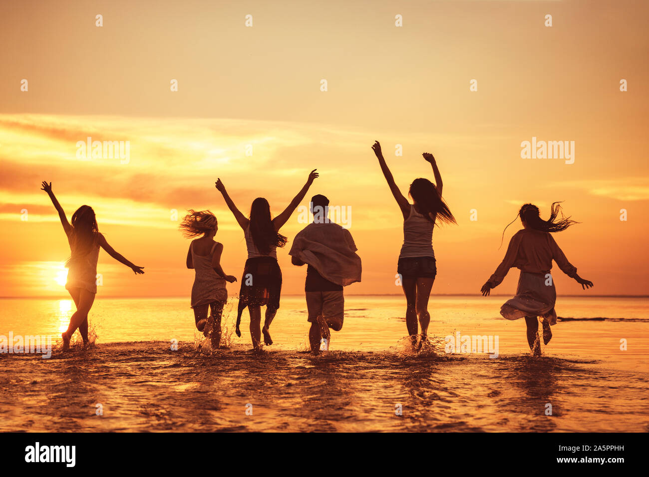 Grand groupe de professionnels jeunes amis s'amuse à sunset beach party Banque D'Images