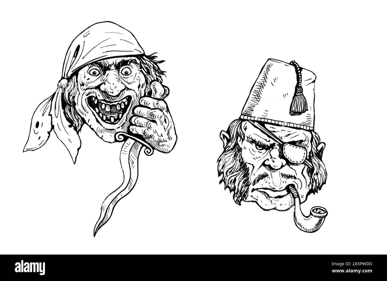 Funny pirate avec dessin de couteau. Illustration Portrait de Corsair. Masque de pirate. Banque D'Images