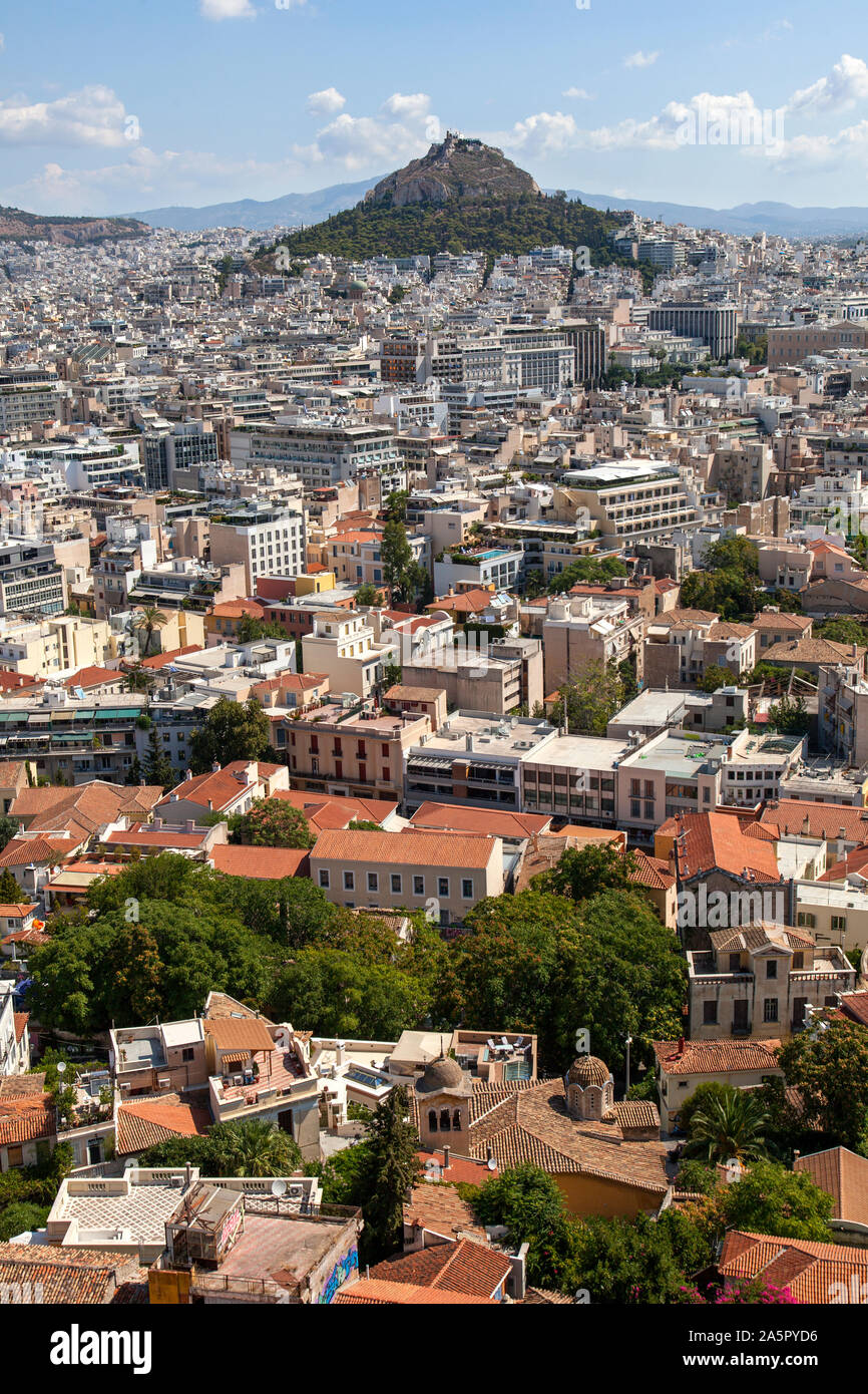 Le mont Lycabette Athènes,de l'Acropole Banque D'Images