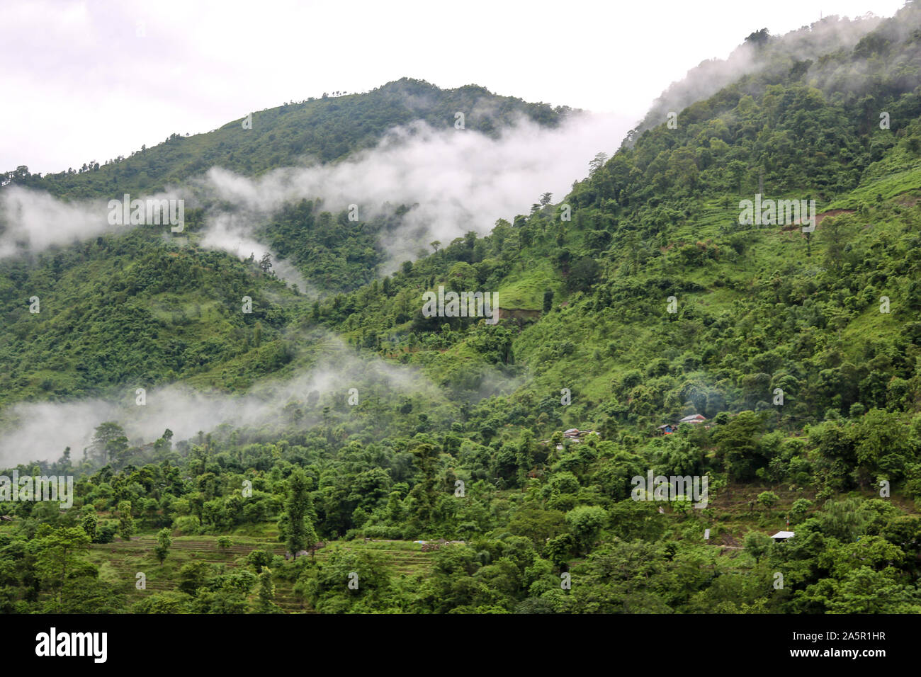 Montagnes aux forêts dans les nuages sur les rives de la rivière Seti Gandaki au Népal Banque D'Images