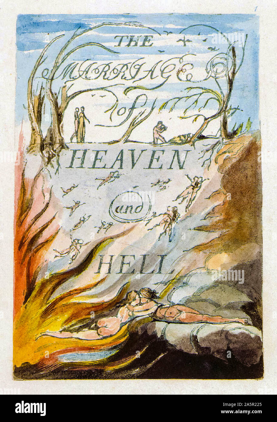 William Blake, le mariage du ciel et de l'Enfer (couverture), peinture, stylo et encre à aquarelle, illustration, 1827 Banque D'Images