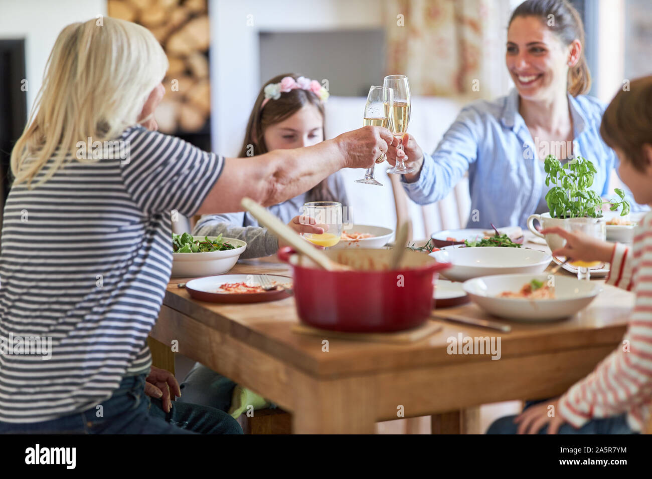 Grand-mère et fille toast avec du vin mousseux à une fête de famille à la maison Banque D'Images