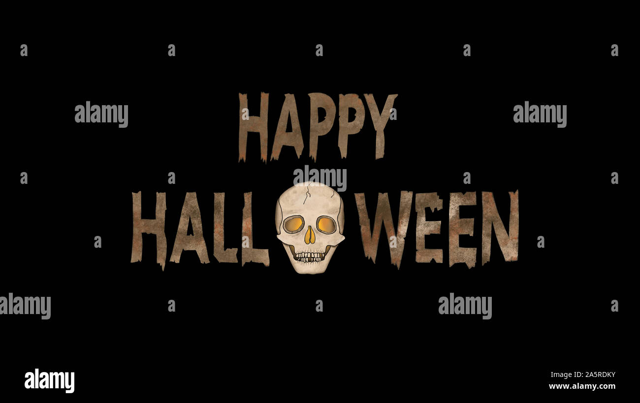 Happy Halloween Text avec un fantôme effrayant crâne avec les yeux rougeoyants isolé sur noir. Banque D'Images