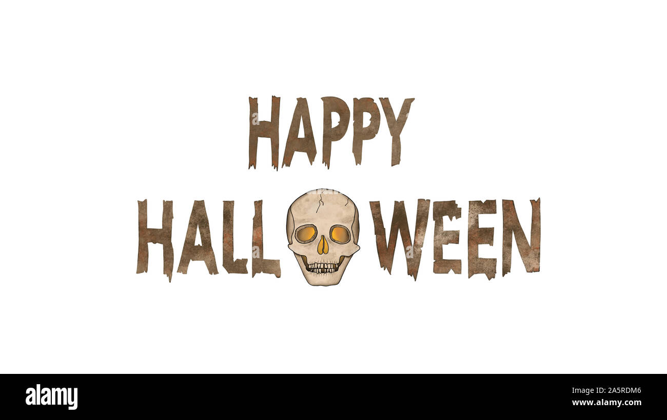 Happy Halloween Text avec un fantôme effrayant crâne avec les yeux rougeoyants isolé sur blanc. Banque D'Images