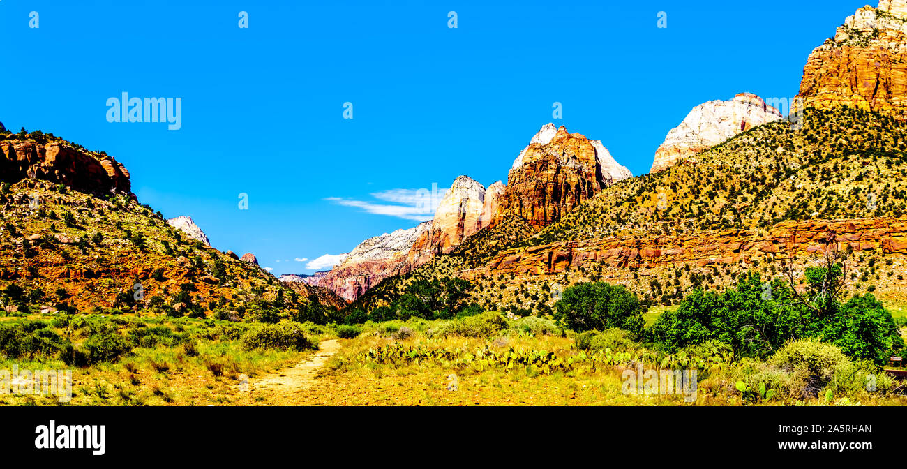 Zion Canyon avec sur la droite des frères jumeaux et Montagne Montagne du Soleil dans le parc national de Zion dans l'Utah, États-Unis Banque D'Images