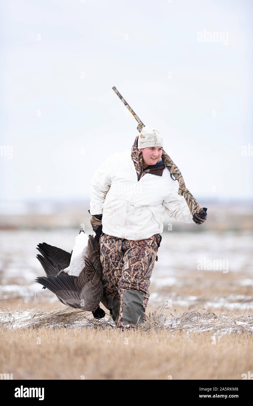 Un jeune chasseur d'oie avec des Oies Banque D'Images