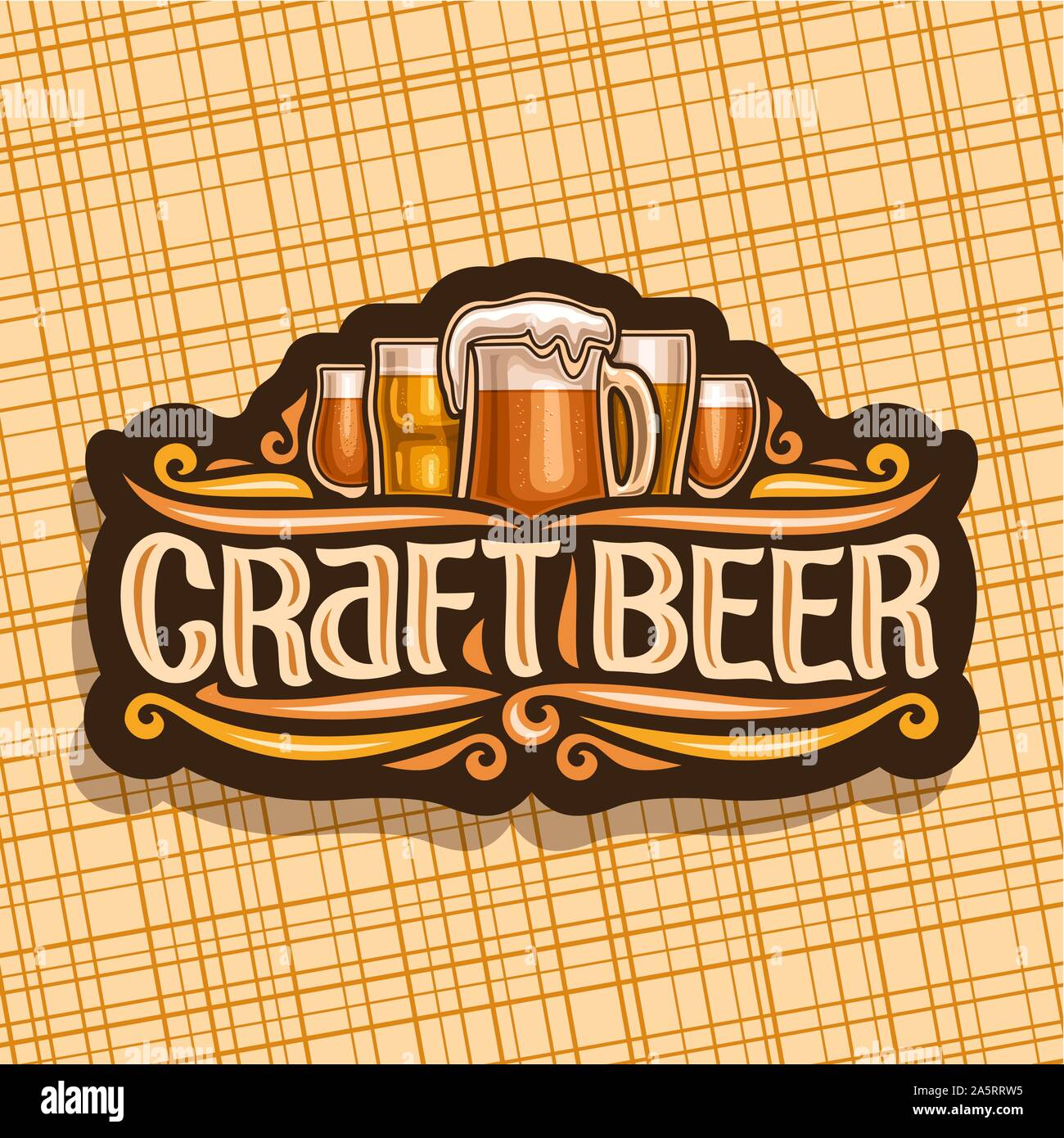 Logo Vector pour Craft Beer, signalisation sombre avec pinte verres de projet de pilsner tchèque et allemand de l'artisanat de mug lager, pinceau original de caractères mots arc Illustration de Vecteur