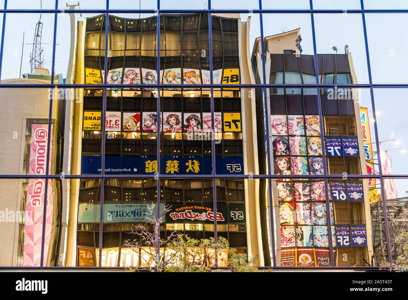 Le Japon, Tokyo. La Sumitomo Fudosan Akihabara building avec ses fenêtres teintées de couleur or, en raison d'autres constructions principalement maid cafés. Banque D'Images