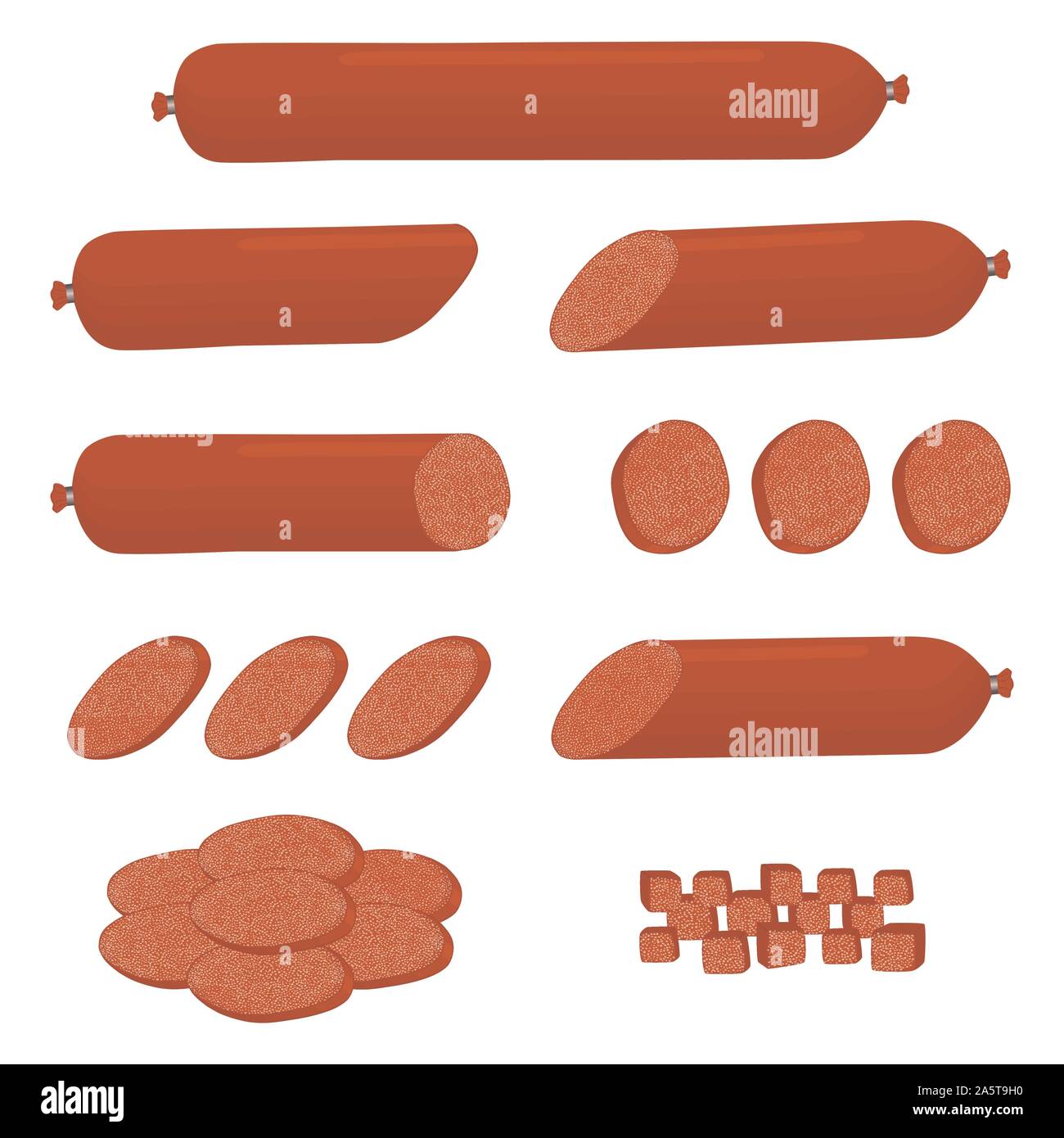Icône vecteur illustration logo pour définir ensemble le salami, saucisses de porc en tranches de jambon. Profil de saucisse est composé d'une cuisine savoureuse viande, la moitié frankfurter. E Illustration de Vecteur