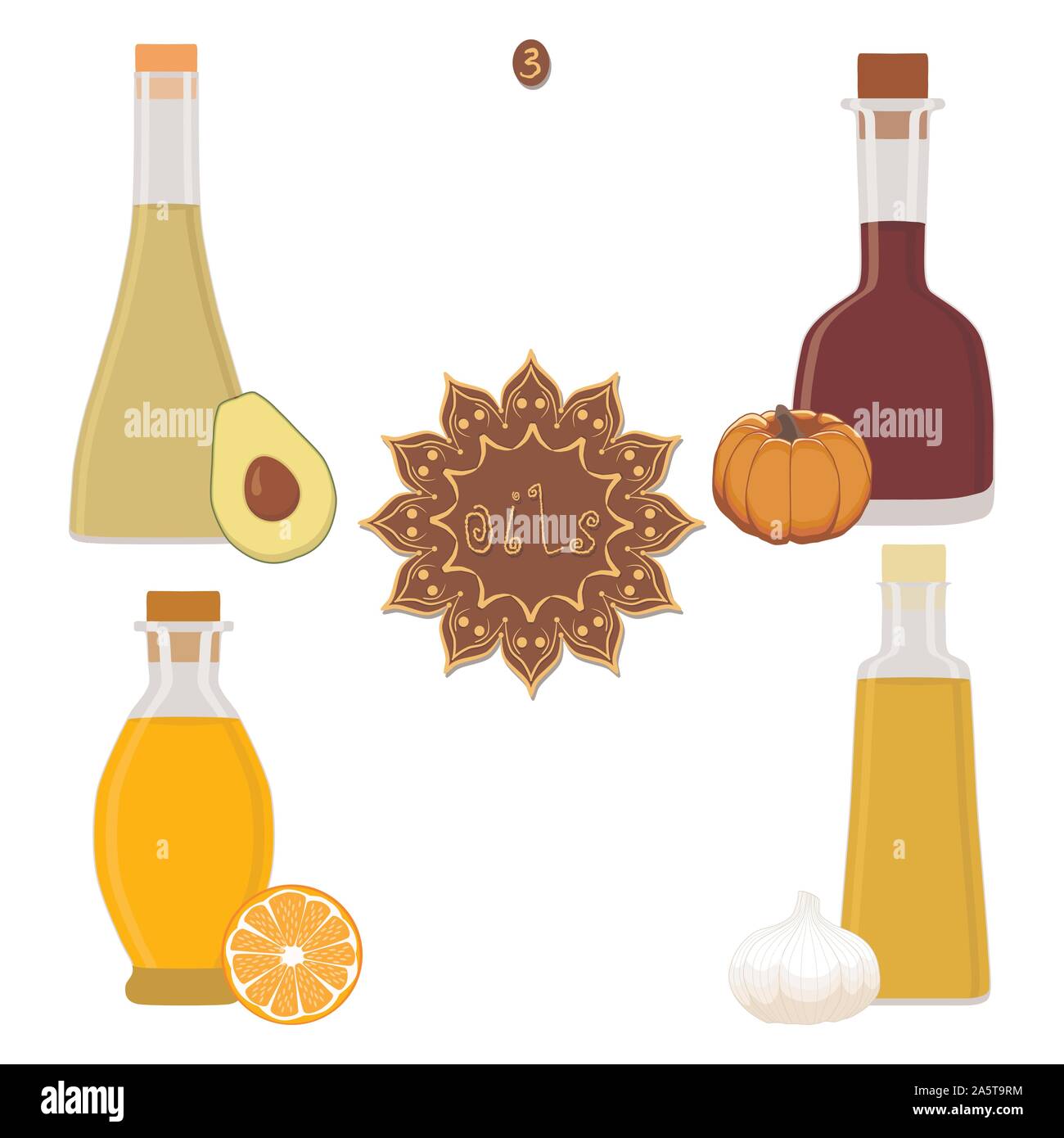 Vector illustration pour régler différents types de bouteilles en plastique, de l'huile avec le bouchon. Récipient d'huile est constituée de matières organiques naturelles, liquide dans un flacon de verre cosm Illustration de Vecteur