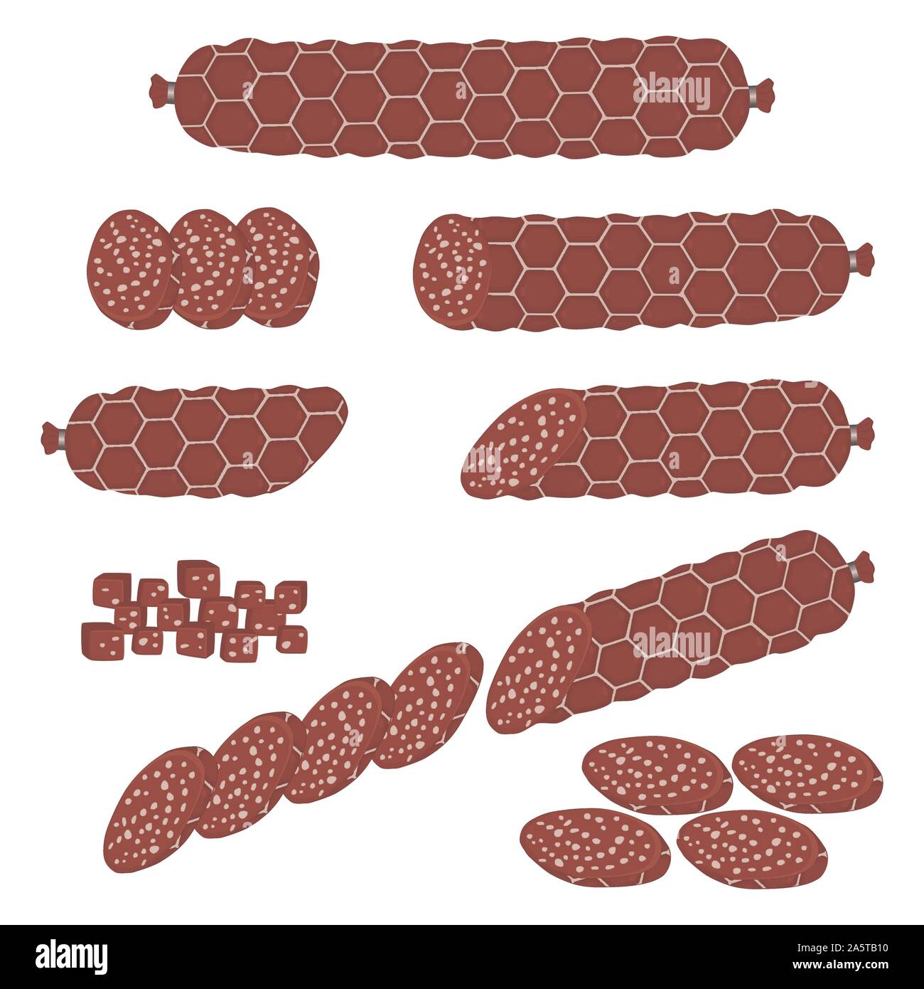 Icône vecteur illustration logo pour définir ensemble le salami, saucisses de porc en tranches de jambon. Profil de saucisse est composé d'une cuisine savoureuse viande, la moitié frankfurter. E Illustration de Vecteur