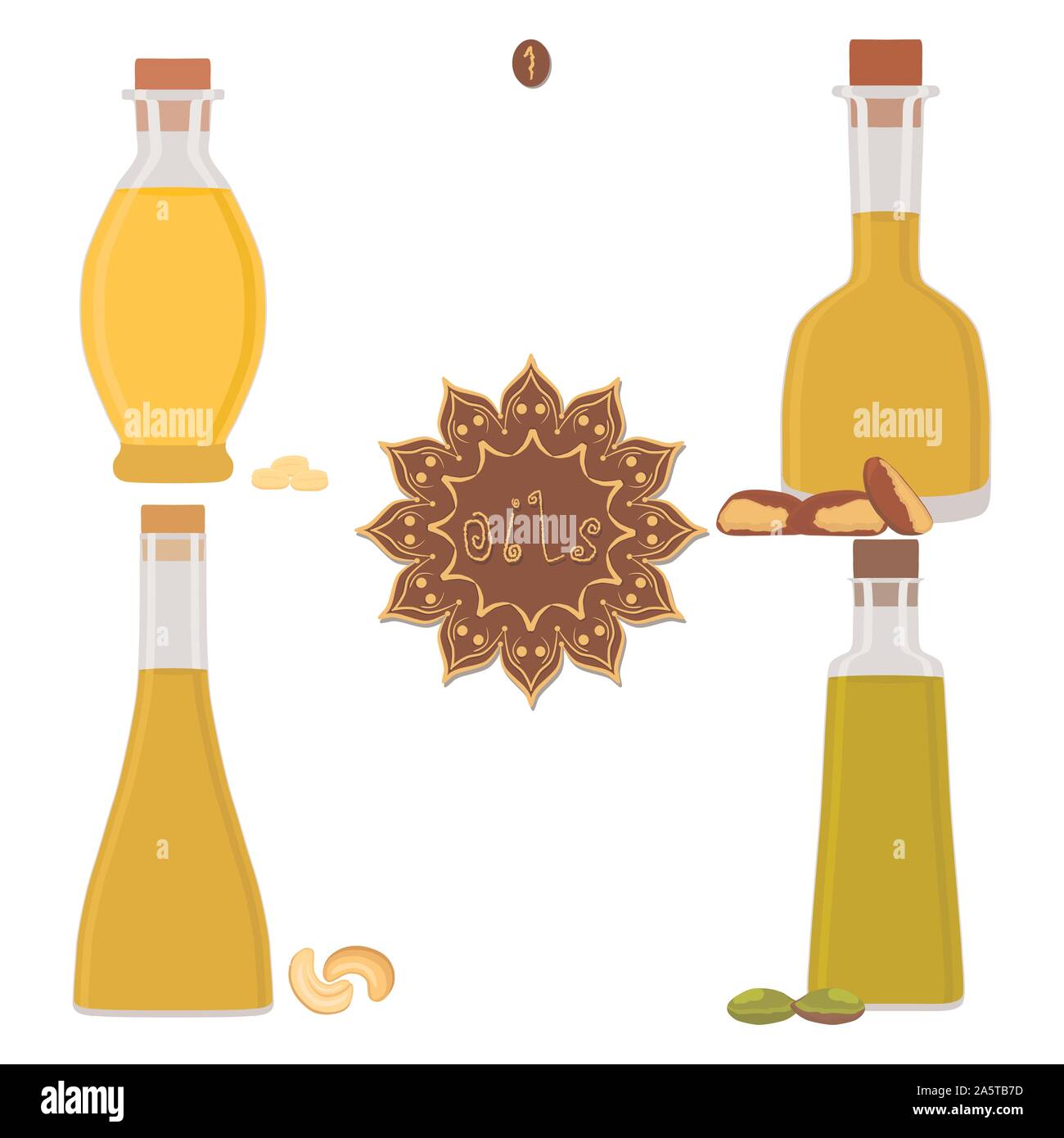 Vector illustration pour régler différents types de bouteilles en plastique, de l'huile avec le bouchon. Récipient d'huile est constituée de matières organiques naturelles, liquide dans un flacon de verre cosm Illustration de Vecteur