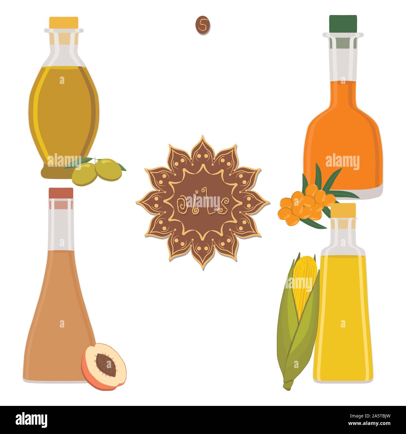 Vector illustration pour régler différents types de bouteilles en plastique, de l'huile avec le bouchon. Récipient d'huile est constituée de matières organiques naturelles, liquide dans un flacon de verre cosm Illustration de Vecteur