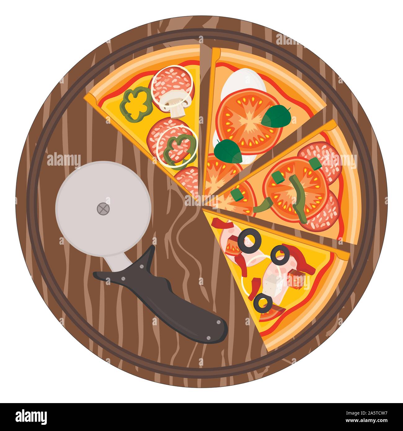 Logo d'illustration vectorielle pour l'ensemble de la pizza chaude ronde, triangle de coupe de pizzeria menu. La pizza sur bois board, les ingrédients pour une pizzeria à tableau, fo Illustration de Vecteur