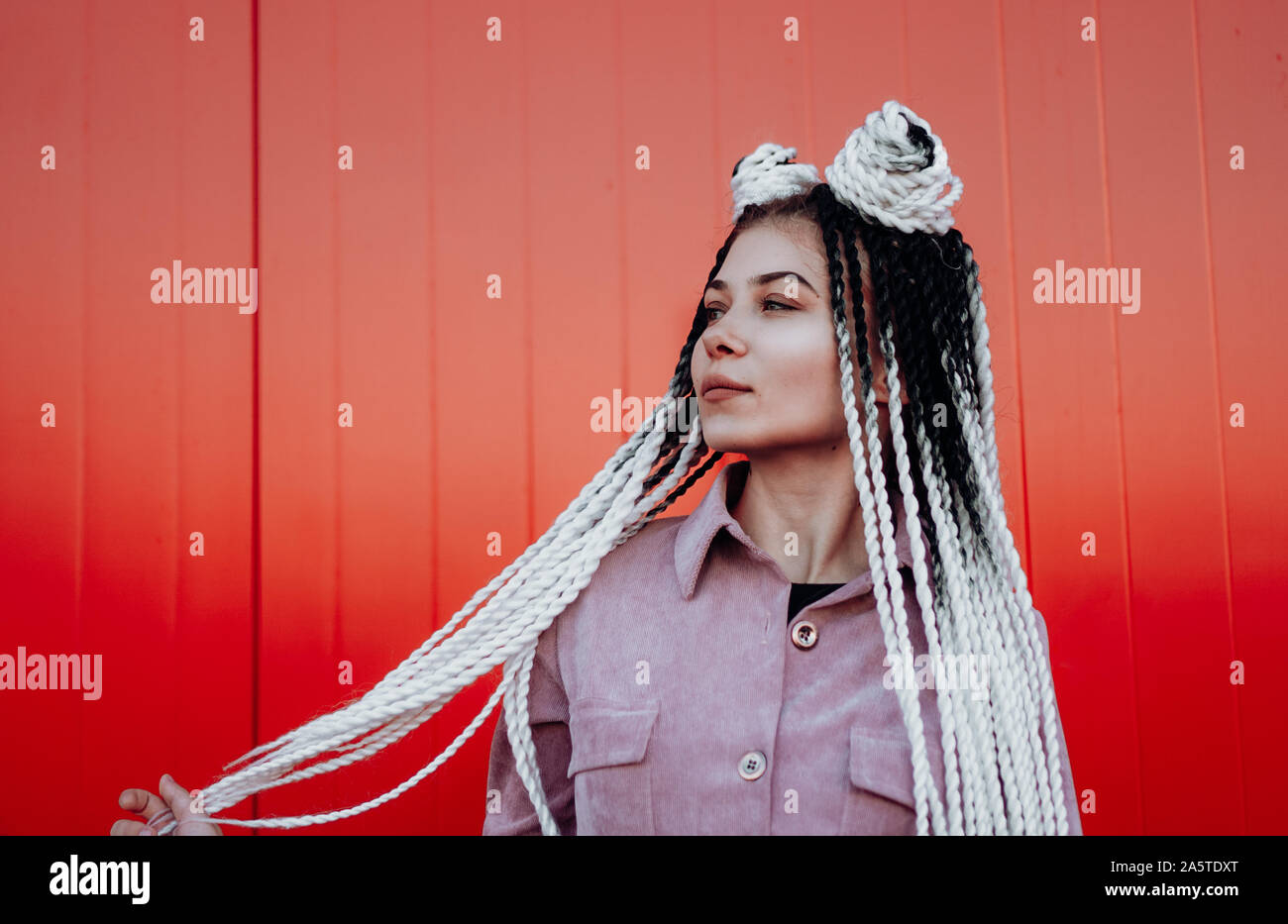 Portrait de fille cool magnifique avec des tresses et dreadlocks sur red wall Banque D'Images