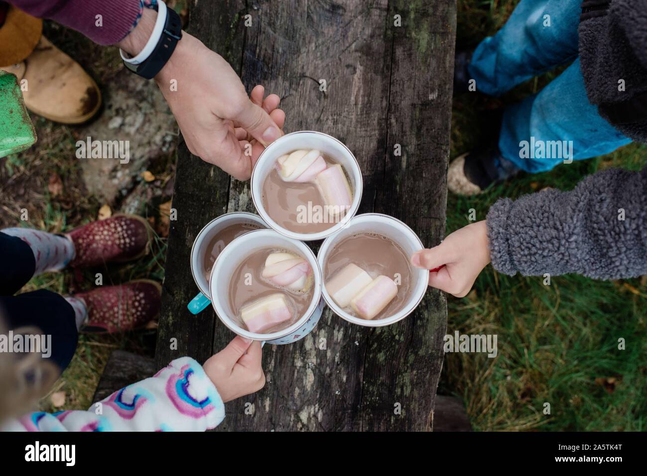 Family's hands holding mugs de chocolat chaud tout en camping à l'extérieur Banque D'Images