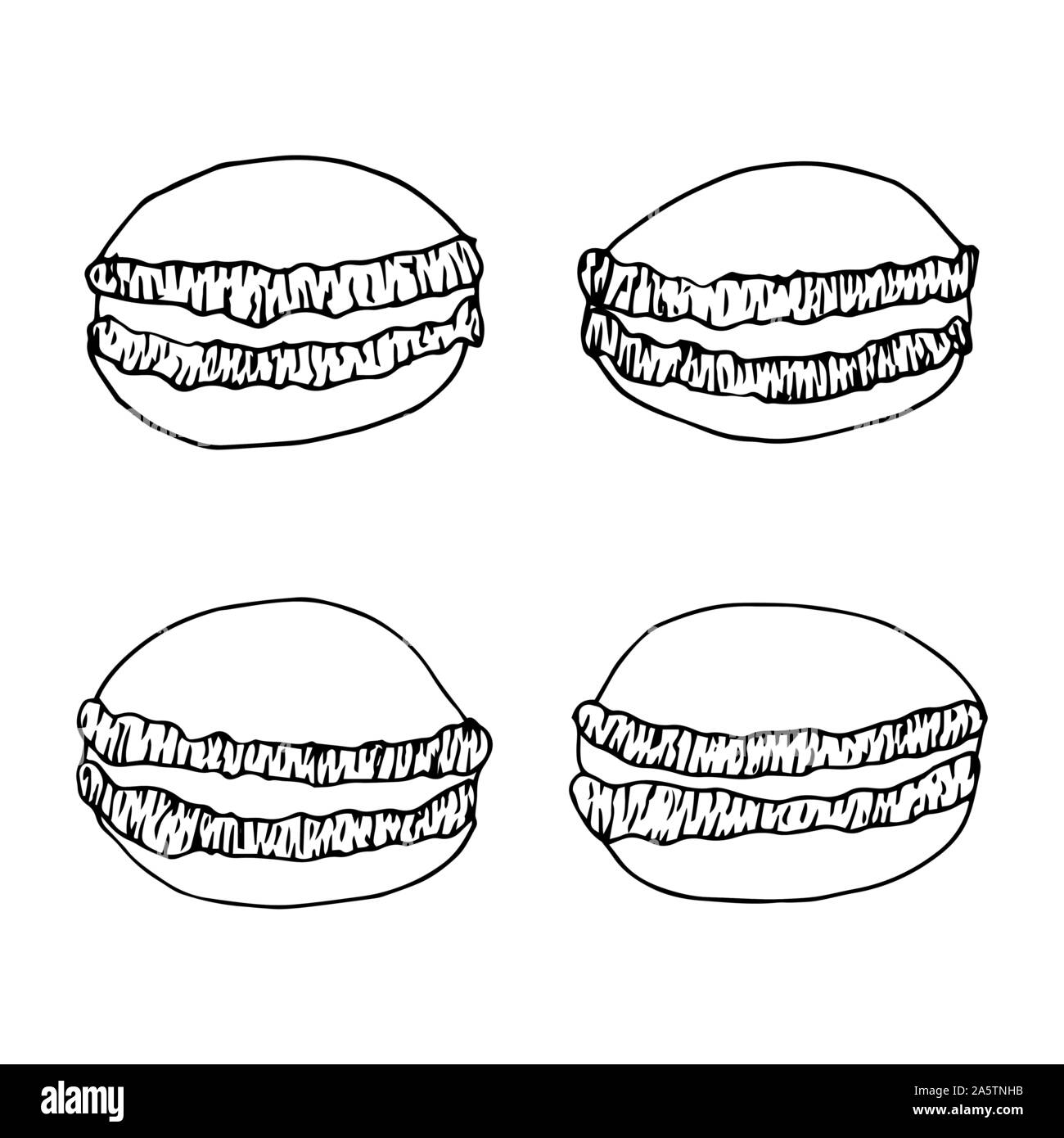 Boulangerie dessert en vecteur doodle Style. Croquis à main macaron gâteau. La pâtisserie française macarons. Croquis de macarons sucrés. Illustration de Vecteur