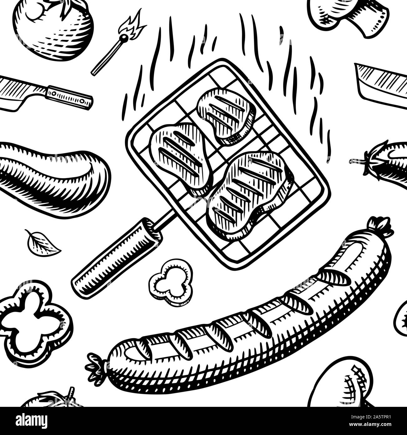 Barbecue modèle homogène dans le style vintage. Dessiné à la main. Bbq party ingrédients. Fun pour cuire les aliments, de la bière et des outils, de légumes et d'épices. Vector Illustration de Vecteur