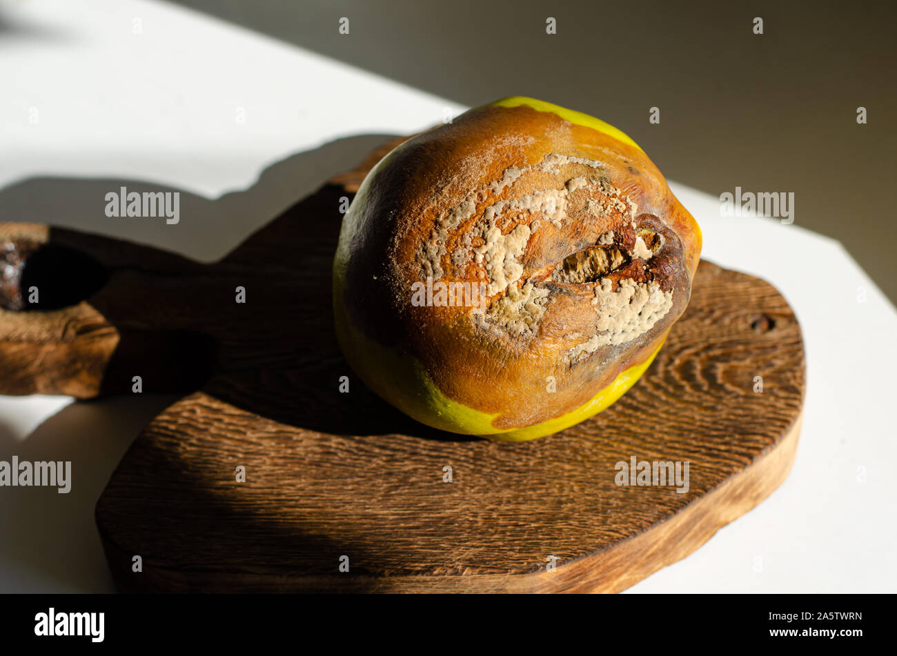 Fruits coing pourri sur planche de bois sur fond blanc. Close up. Banque D'Images