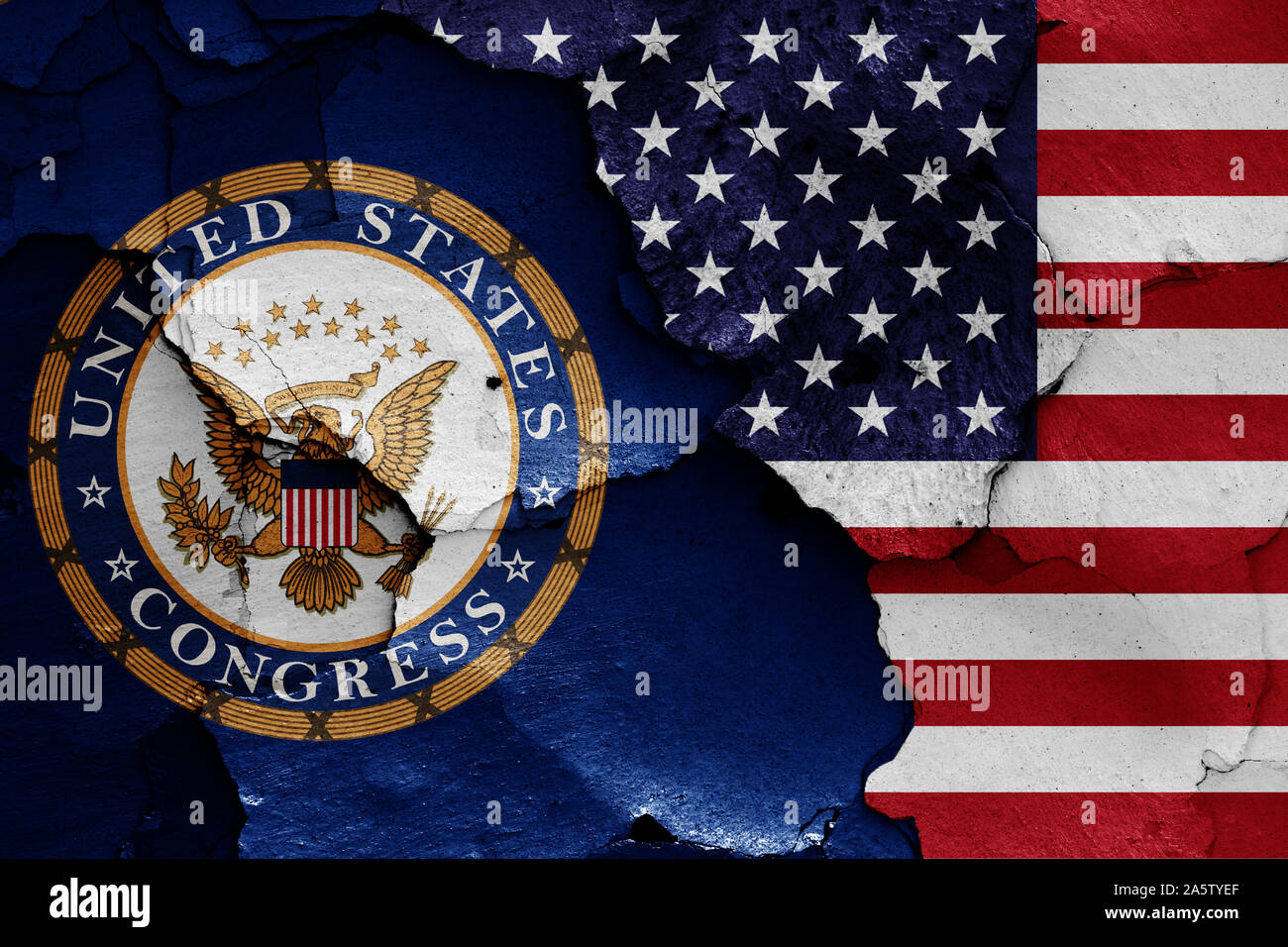 Drapeaux du Congrès des États-Unis et USA peint sur mur fissuré Banque D'Images