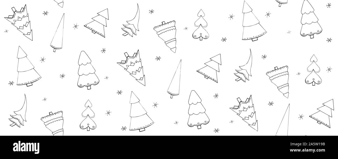 Motif transparent vecteur dessiné à la main avec les arbres de Noël et flocons isolé sur fond blanc. Texture sans fin. Papier d'emballage, de nouvelles positives oui Illustration de Vecteur