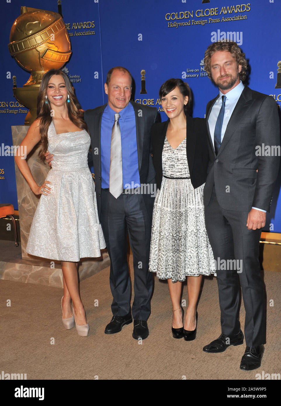 LOS ANGELES, CA. 15 décembre 2011 : LtoR : Sofia Vergara, Woody Harrelson, Rashida Jones & Gerard Butler à l'annonce des nominations pour les Golden Globe Awards 2012 au Beverly Hilton Hotel. © 2012 Paul Smith / Featureflash Banque D'Images
