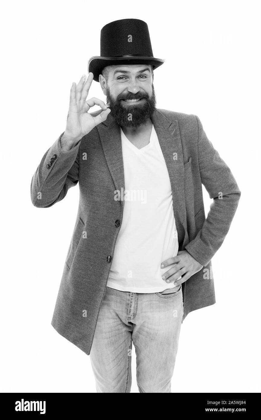 Circus tour de magie la performance. Spectacles et théâtre. Concept de l'aristocratie. Spectacle de magie. Maître de adroits. La performance de la rue. Homme barbu magicien. Tour de magie performance concept. Banque D'Images