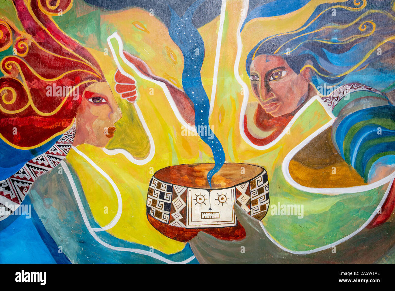 Une murale avec deux Chiliens et un bol, Pisco Elqui Valley , Chili Banque D'Images